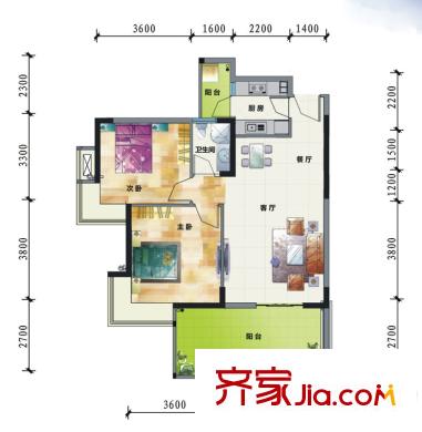 水岸匯景一期8、9號(hào)樓1單元1號(hào)房A3（奇）戶型 2室2廳1衛(wèi)1廚
