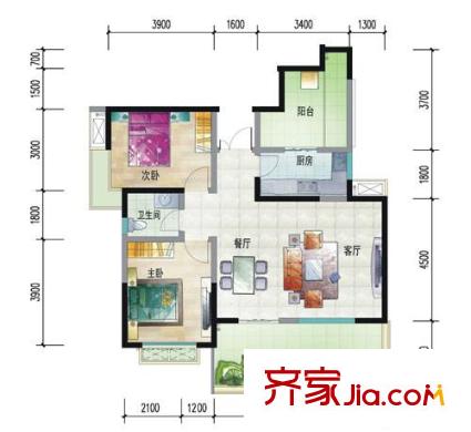 水岸匯景一期5棟標準層B3戶型 2室2廳1衛(wèi)1廚