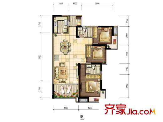 雄飛新園國際廣場一期3、4棟標(biāo)準(zhǔn)層B3戶型（售罄） 3室2廳2衛(wèi)1廚