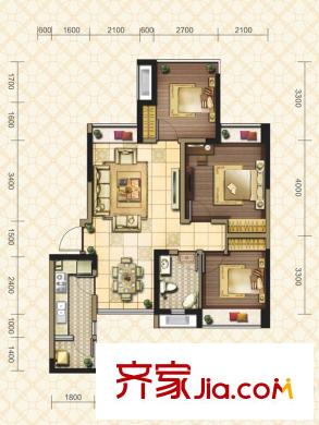 雄飛新園國際廣場一期一批次11號樓標(biāo)準(zhǔn)層A1-3戶型圖 3室2廳1衛(wèi)1廚