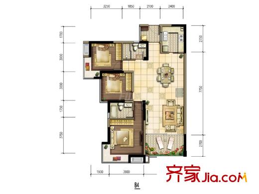 雄飛新園國際廣場一期3、4棟標(biāo)準(zhǔn)層B4戶型（售罄） 3室2廳2衛(wèi)1廚