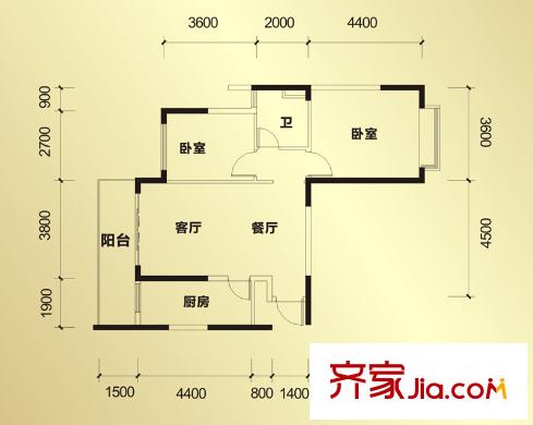 恒大帝景1期2棟1單元1號標準層戶型（售罄） 2室2廳1衛(wèi)1廚