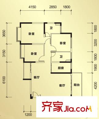 恒大帝景1期2棟2單元4號標準層戶型（售罄） 3室2廳2衛(wèi)1廚