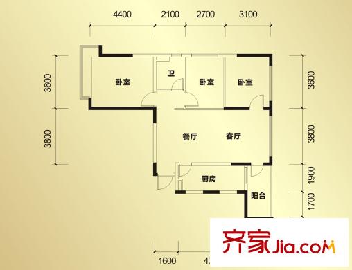 恒大帝景1期2棟1單元4號標準層戶型（售罄） 3室2廳1衛(wèi)1廚