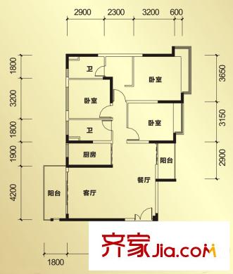 恒大帝景1期2棟2單元1號標準層戶型（售罄） 3室2廳2衛(wèi)1廚