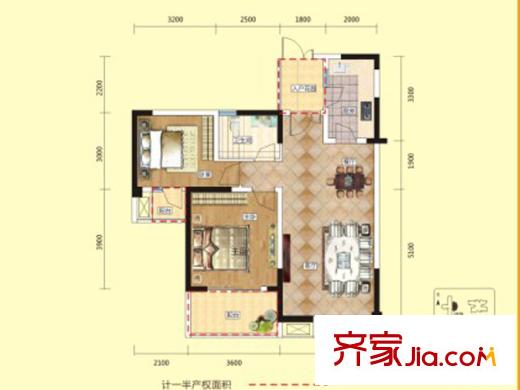 香山半島一期5棟標準層B5戶型 2室2廳1衛(wèi)1廚