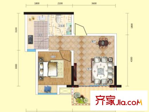 香山半島一期5棟標準層C4戶型 1室2廳1衛(wèi)1廚