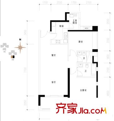 成都ICC天曜一期2號(hào)樓B戶型標(biāo)準(zhǔn)層 2室2廳2衛(wèi)1廚