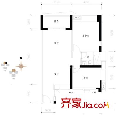 成都ICC天曜二期1、2號(hào)樓A戶型標(biāo)準(zhǔn)層 2室2廳1衛(wèi)1廚