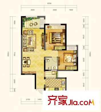 巴黎都市二期5、6號(hào)樓標(biāo)準(zhǔn)層E戶型 2室2廳1衛(wèi)1廚