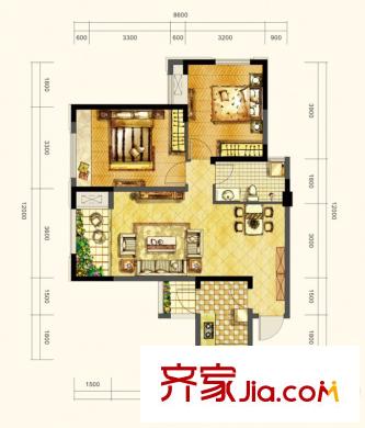 巴黎都市二期5、6號(hào)樓標(biāo)準(zhǔn)層F戶型 2室2廳1衛(wèi)1廚