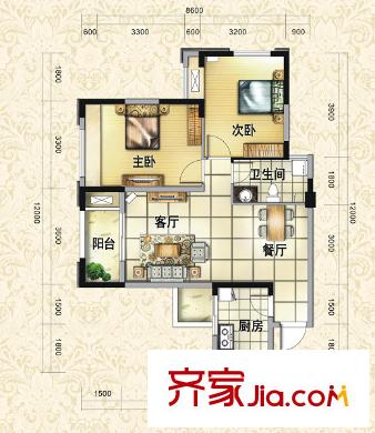 巴黎都市一期1、2號(hào)樓標(biāo)準(zhǔn)層F戶型（售罄） 2室2廳1衛(wèi)1廚