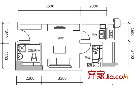 龍城國際1期22號樓V1單層戶型（售罄） 1室1廳1衛(wèi)1廚