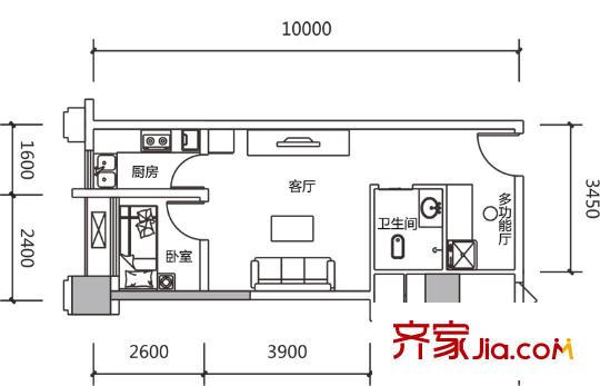 龍城國際1期22號樓V2單層戶型（售罄） 1室1廳1衛(wèi)1廚