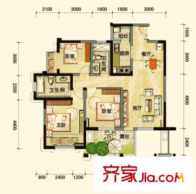 龍城國際1期13號樓奇數(shù)層B3戶型圖 2室2廳2衛(wèi)1廚
