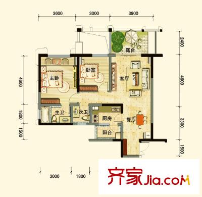 龍城國際1期13號樓偶數(shù)層A2戶型 2室2廳1衛(wèi)1廚