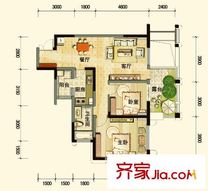 龍城國際1期13號樓奇數(shù)層A4戶型圖 2室2廳1衛(wèi)1廚