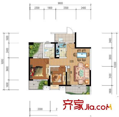 鑫河國際花園一期1棟標準層B-b2戶型 2室2廳1衛(wèi)1廚