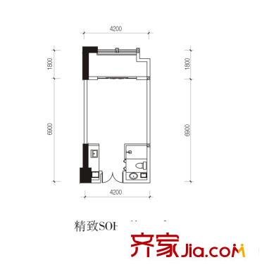 無國界1期26號樓標準層48平米SOHO戶型圖 1室1廳1衛(wèi)1廚