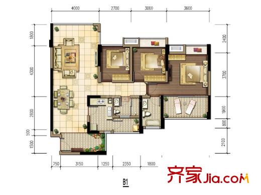 雄飛新園國際廣場一期3、4棟標(biāo)準(zhǔn)層B1戶型（售罄） 3室2廳2衛(wèi)1廚