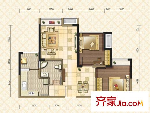 雄飛新園國際廣場一期一批次11號樓標(biāo)準(zhǔn)層A1-2戶型圖 2室2廳1衛(wèi)1廚