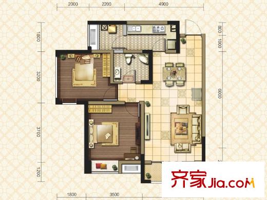雄飛新園國際廣場一期一批次9號樓標(biāo)準(zhǔn)層A1-5戶型圖 2室2廳1衛(wèi)1廚
