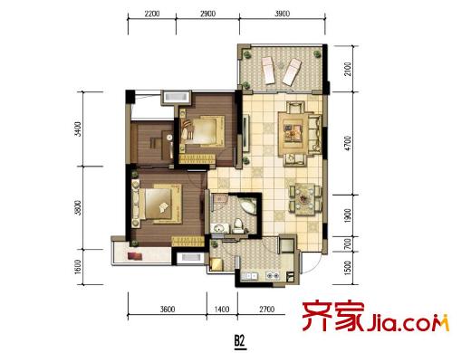 雄飛新園國際廣場一期3棟標(biāo)準(zhǔn)層B2戶型 2室2廳1衛(wèi)1廚
