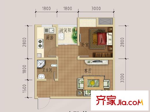 盛世星河22棟標(biāo)準(zhǔn)層B3戶型 1室1廳1衛(wèi)1廚
