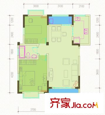 水岸西嶺二期8號樓D1戶型（售罄） 2室2廳1衛(wèi)1廚