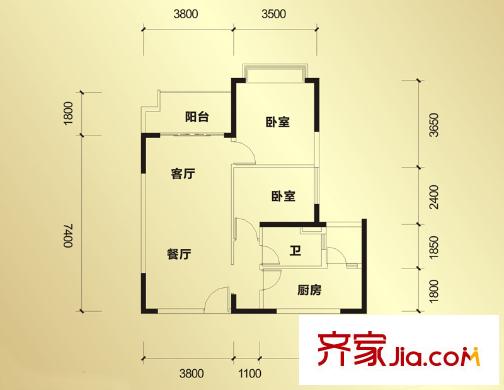 恒大帝景1期2棟1單元3號標準層戶型（售罄） 2室2廳1衛(wèi)1廚