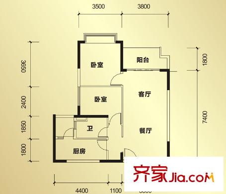 恒大帝景1期2棟1單元2號標準層戶型（售罄） 2室2廳1衛(wèi)1廚