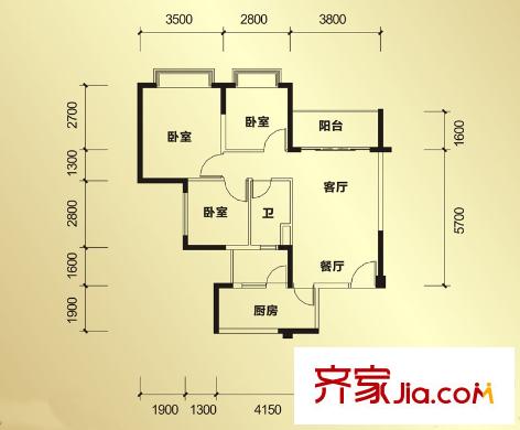 恒大帝景1期2棟2單元2號標準層戶型（售罄） 3室2廳1衛(wèi)1廚