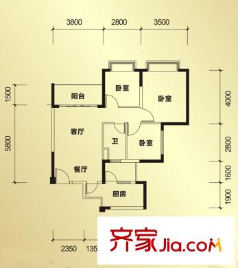 恒大帝景1期2棟2單元3號標準層戶型（售罄） 3室2廳1衛(wèi)1廚
