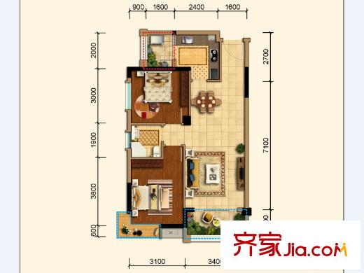 蜀鎮(zhèn)觀瀾湖二期1號(hào)組團(tuán)標(biāo)準(zhǔn)層C2戶型 2室2廳1衛(wèi)1廚