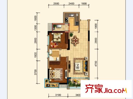 蜀鎮(zhèn)觀瀾湖二期1號組團(tuán)標(biāo)準(zhǔn)層F3戶型 2室2廳1衛(wèi)1廚