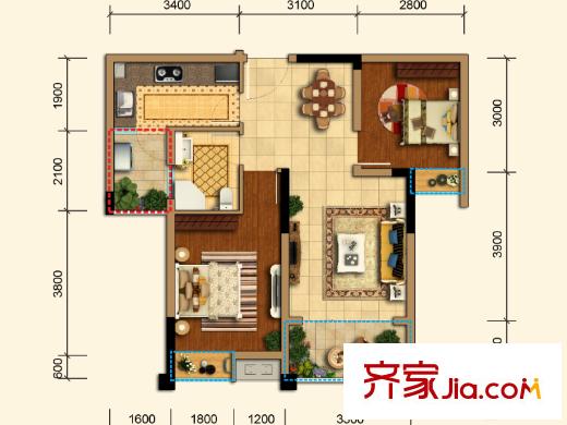 蜀鎮(zhèn)觀瀾湖二期1號組團(tuán)標(biāo)準(zhǔn)層A2戶型 2室2廳1衛(wèi)1廚
