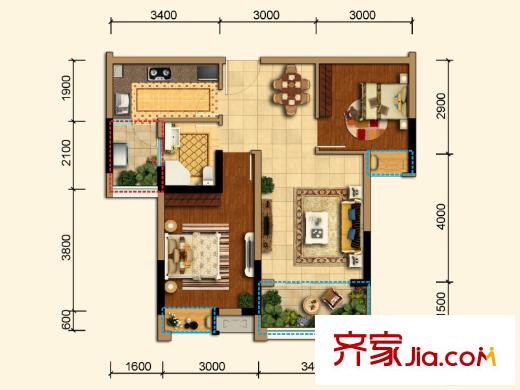 蜀鎮(zhèn)觀瀾湖二期1號組團(tuán)標(biāo)準(zhǔn)層E2戶型 2室2廳1衛(wèi)1廚