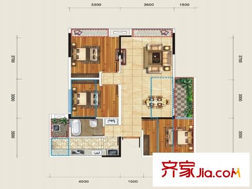 金科時(shí)代中心一期1號(hào)樓標(biāo)準(zhǔn)層A2戶型 3室2廳1衛(wèi)1廚