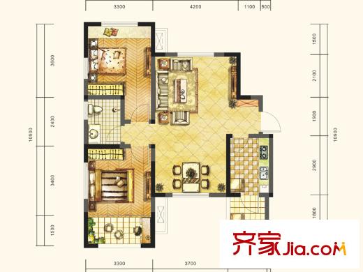 巴黎都市二期7號(hào)樓標(biāo)準(zhǔn)層D`戶型 2室2廳1衛(wèi)1廚