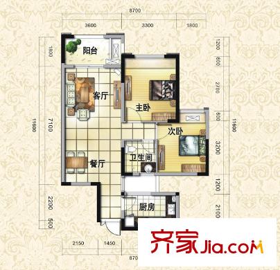 巴黎都市一期1、2號(hào)樓標(biāo)準(zhǔn)層E戶型（售罄）   2室2廳1衛(wèi)1廚