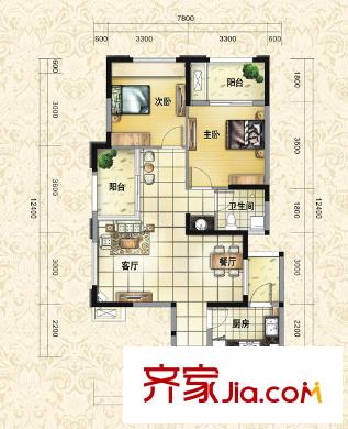 巴黎都市一期1、2號(hào)樓標(biāo)準(zhǔn)層H戶型（售罄） 2室2廳1衛(wèi)1廚