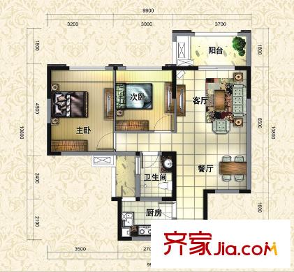 巴黎都市一期3號(hào)樓標(biāo)準(zhǔn)層C戶型（售罄） 2室2廳1衛(wèi)1廚