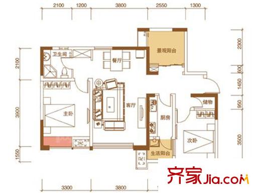 鑫城府一期1、2號樓標準層B1戶型 2室2廳1衛(wèi)1廚