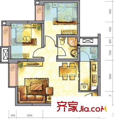 金壕雅庭1期3棟標(biāo)準(zhǔn)層C3戶型（售罄） 2室2廳1衛(wèi)1廚