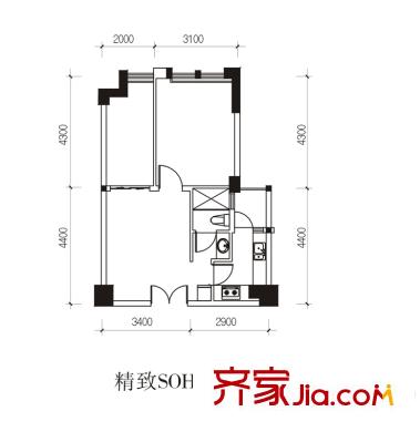 無國界1期18號樓標準層60平米SOHO戶型圖 1室1廳1衛(wèi)1廚