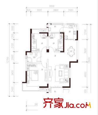 綠洲國(guó)際一期9、10號(hào)樓標(biāo)準(zhǔn)層C戶型（售罄） 3室2廳1衛(wèi)1廚