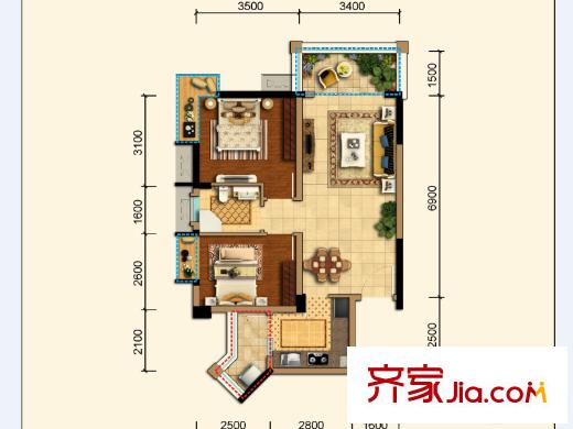 蜀鎮(zhèn)觀瀾湖二期1號組團(tuán)標(biāo)準(zhǔn)層B11戶型 2室2廳1衛(wèi)1廚