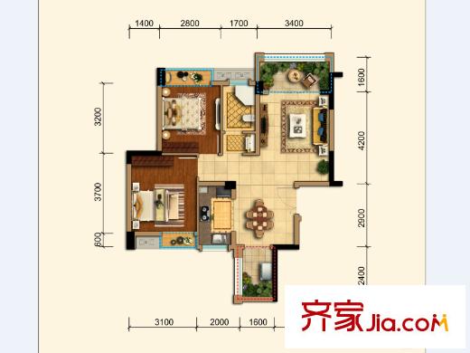 蜀鎮(zhèn)觀瀾湖二期1號組團(tuán)標(biāo)準(zhǔn)層C1戶型 2室2廳1衛(wèi)1廚