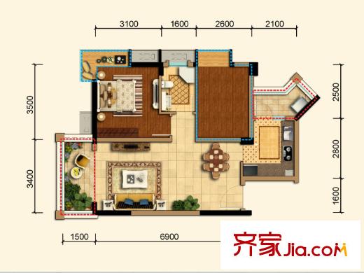 蜀鎮(zhèn)觀瀾湖二期1號組團(tuán)標(biāo)準(zhǔn)層B11戶型 2室2廳1衛(wèi)1廚