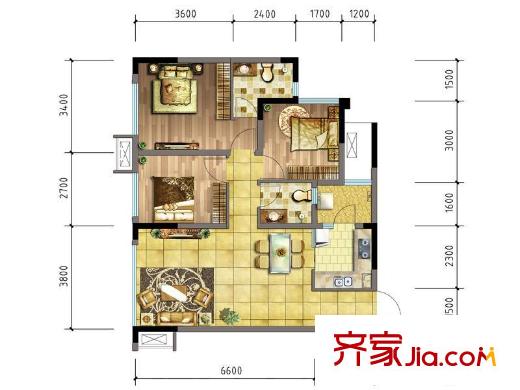 交大歸谷楠岸一期3號(hào)樓標(biāo)準(zhǔn)層D1戶型 3室2廳2衛(wèi)1廚